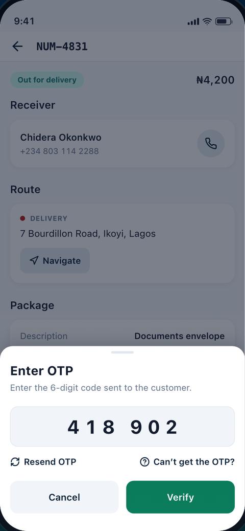The driver app asking the customer for their one-time delivery code