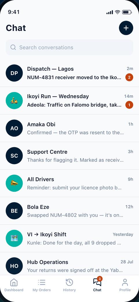 The team chat in the driver app, with the dispatcher and rider in one thread