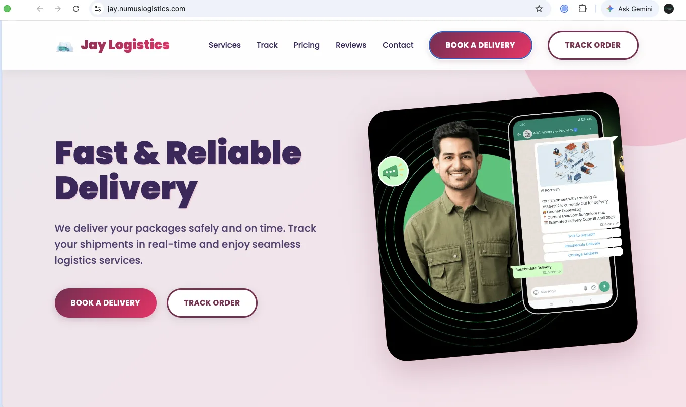 A published Numus booking site for a courier company, shown in a browser