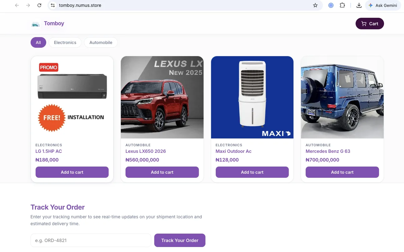 A published Numus store for a food business, shown in a browser