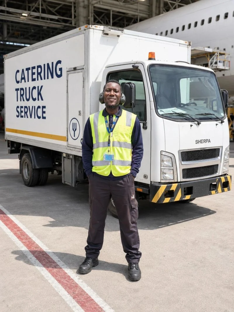A driver in a hi-vis vest standing in front of his delivery truck
