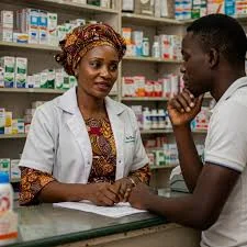 A pharmacist serving a customer across the counter