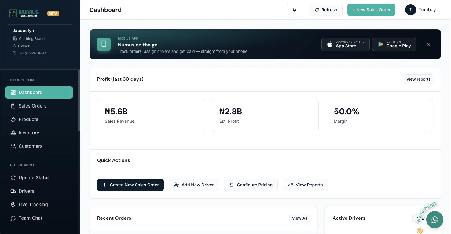 The Numus dashboard for a shop: today's sales, orders waiting to go out and riders on the road
