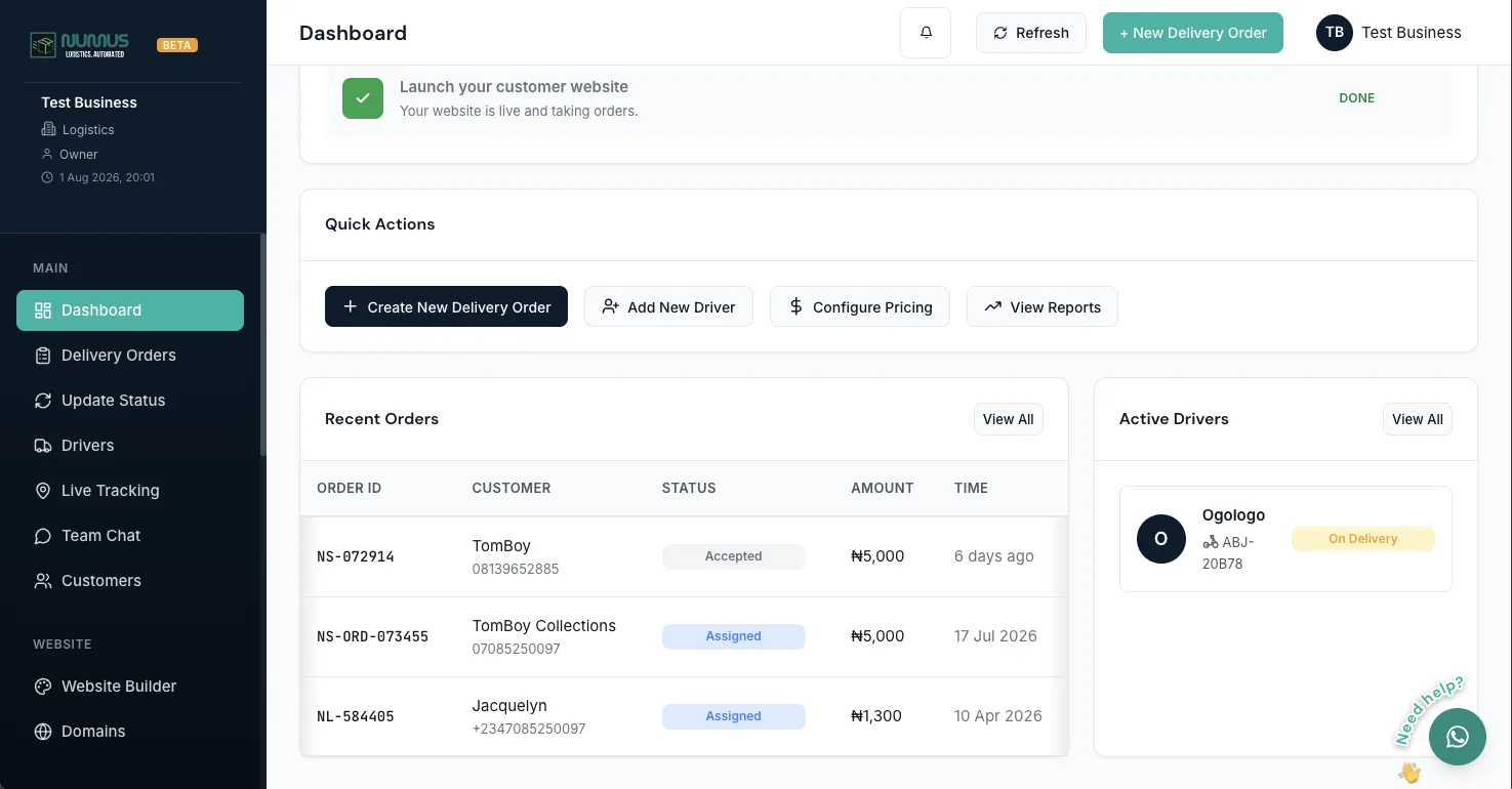 The Numus dispatch dashboard: today's runs, riders on shift and every active delivery with its status