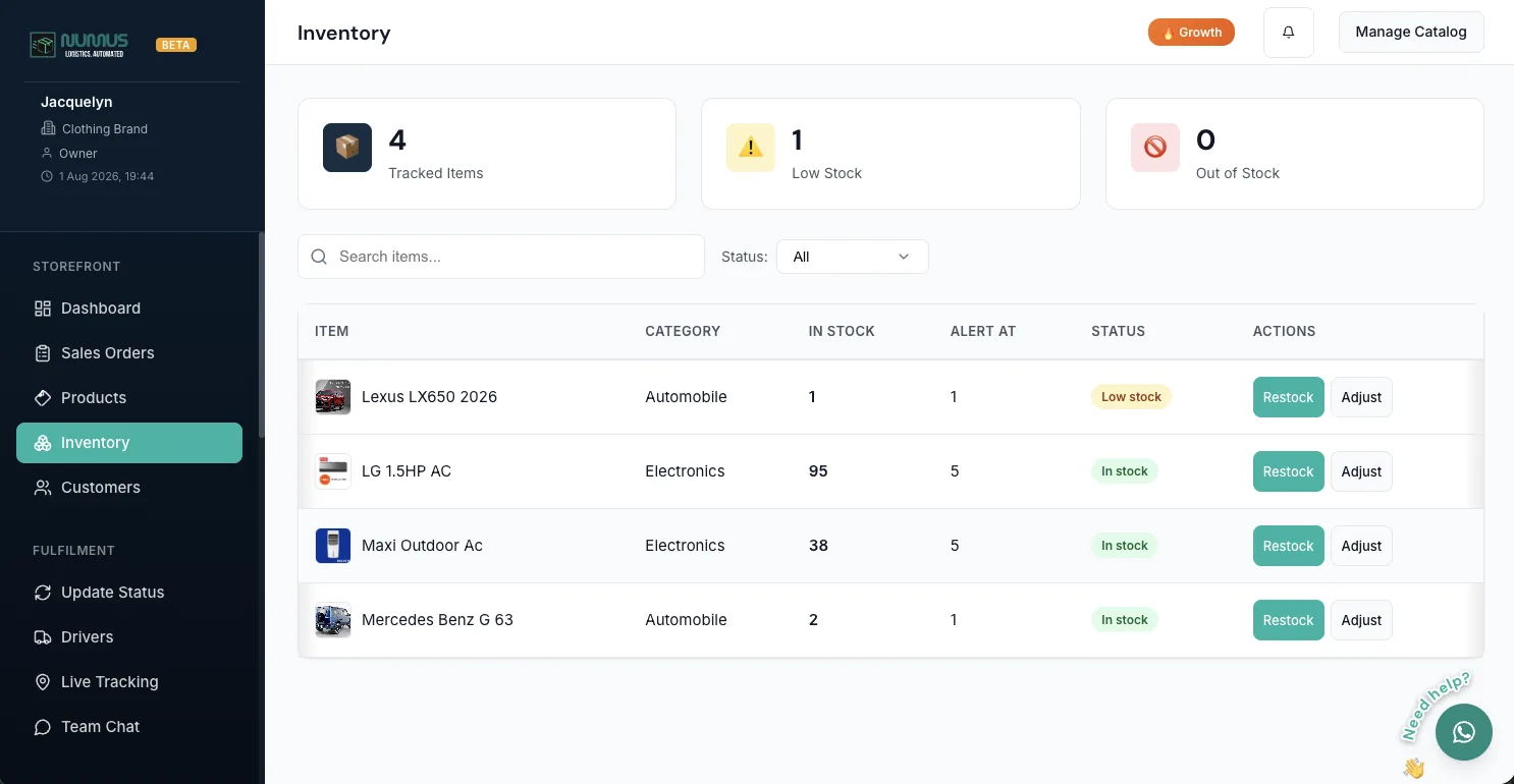 Inventory list showing live stock levels and restock controls per product