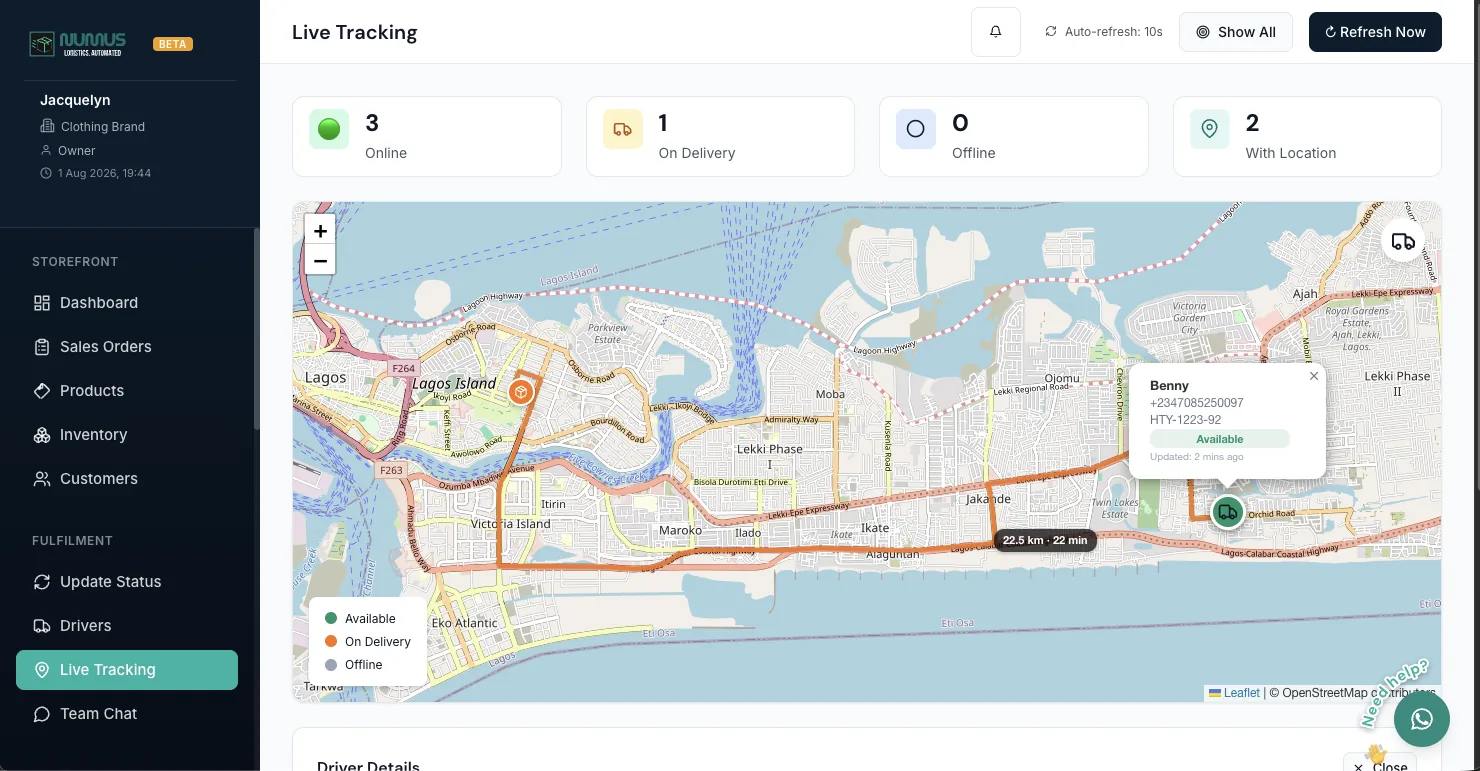 Live map showing rider routes across the city with a list of active deliveries