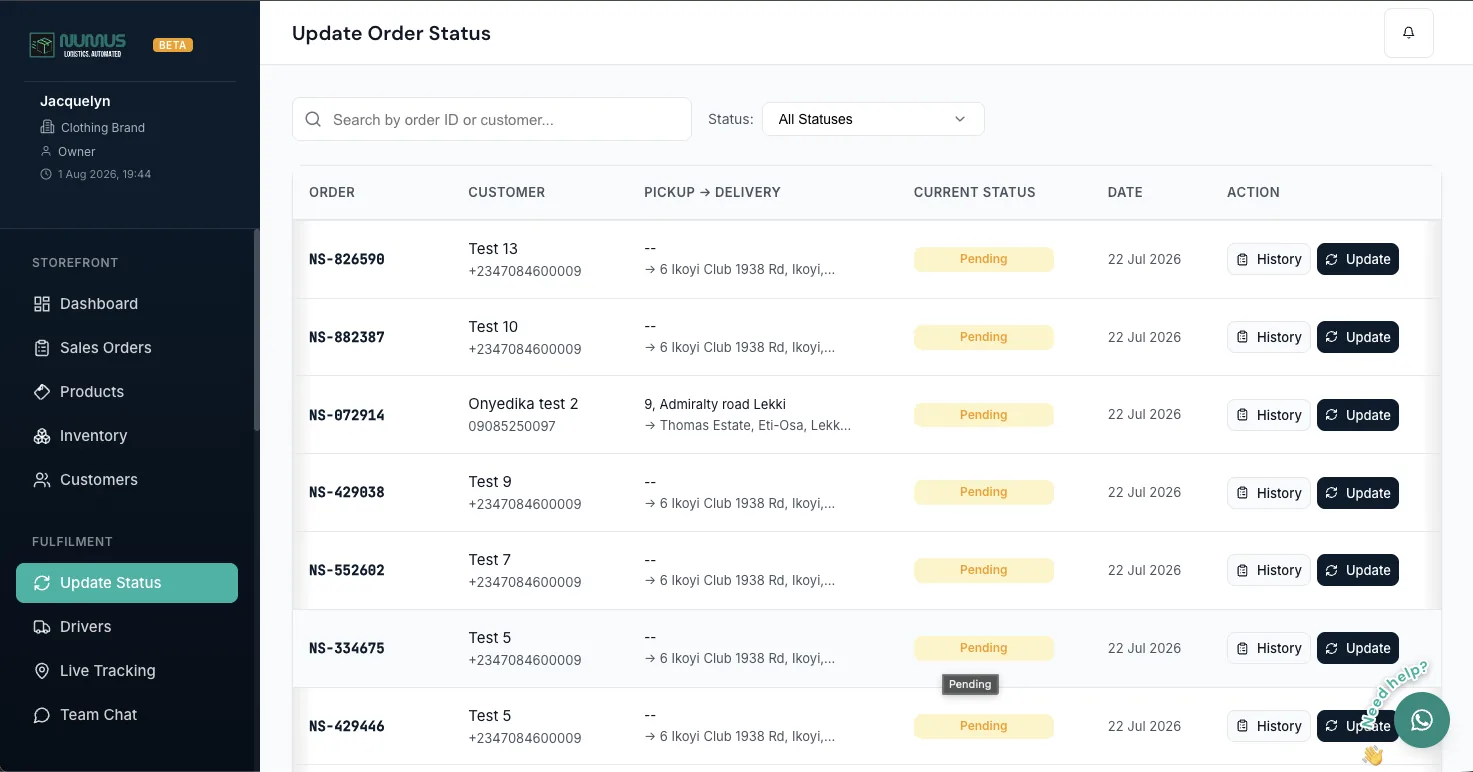 Order status timeline showing each verification step from dispatch to handover