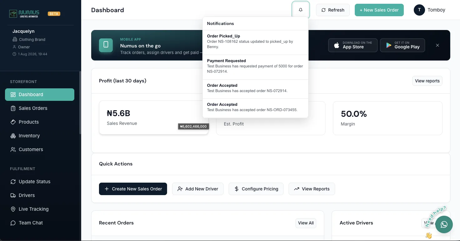 The Numus notification feed showing automated customer messages as an order progresses