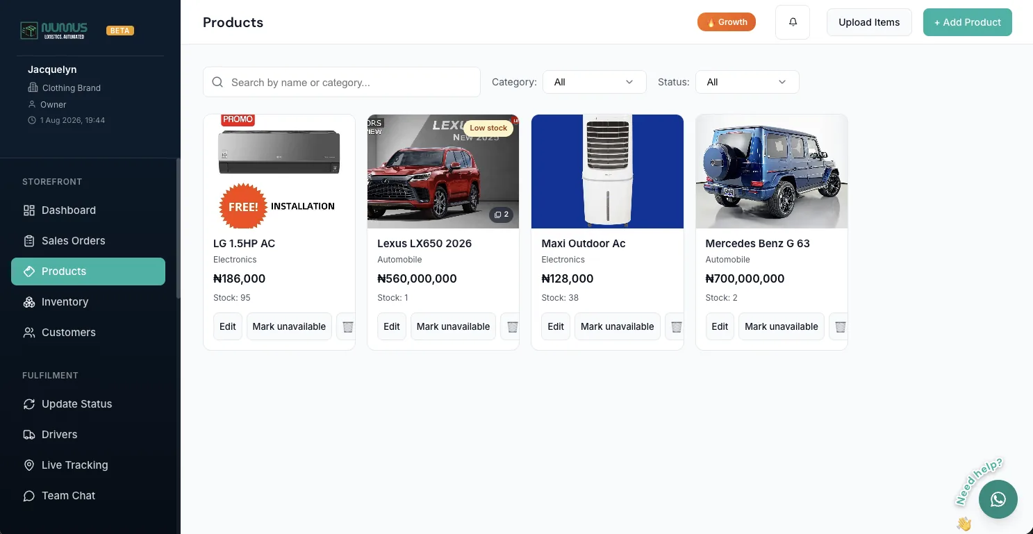 Menu and product catalogue inside Numus, with prices and availability per item