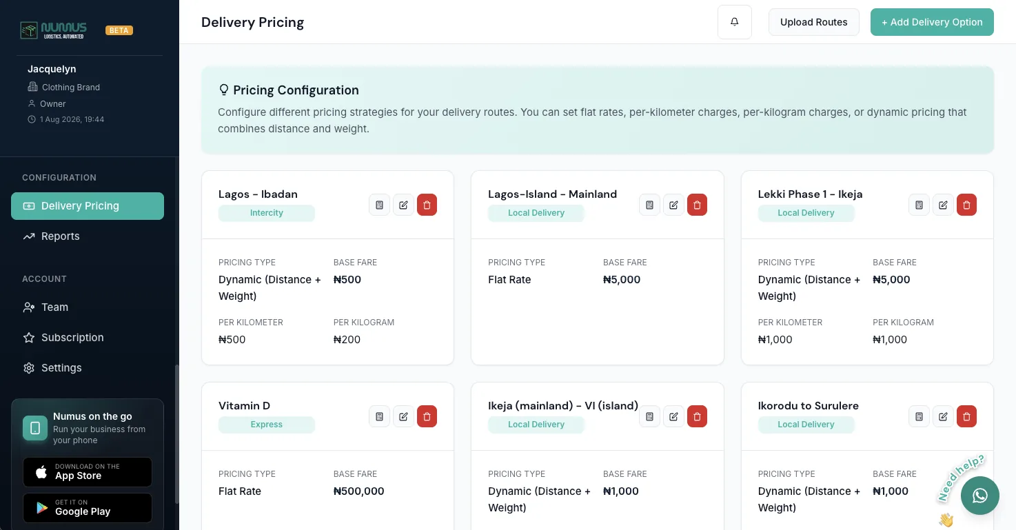 Route pricing screen showing delivery zones and the fee calculated for each
