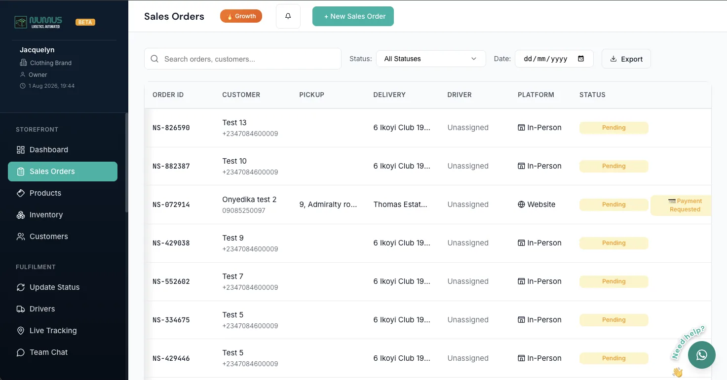The Numus order list with status, customer, rider and amount for each delivery