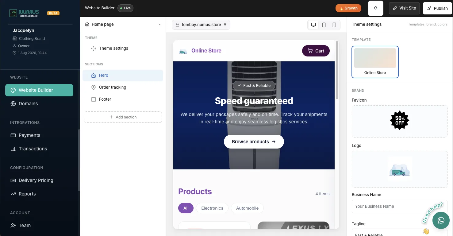 The website builder showing template choices, brand colours and the published store address